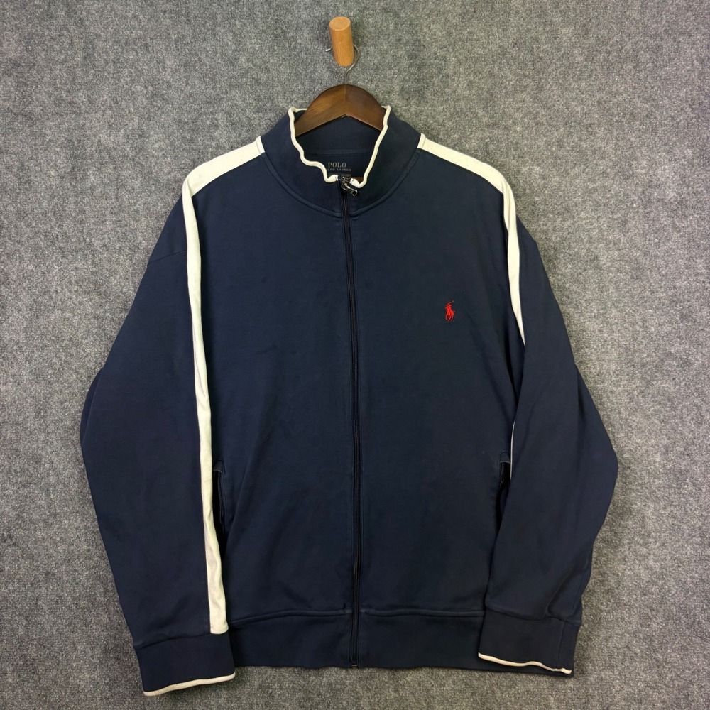 Polo Ralph Lauren Track Jacket Mens 2TG Navy Blue Stripe Full Zip Athletic 0693